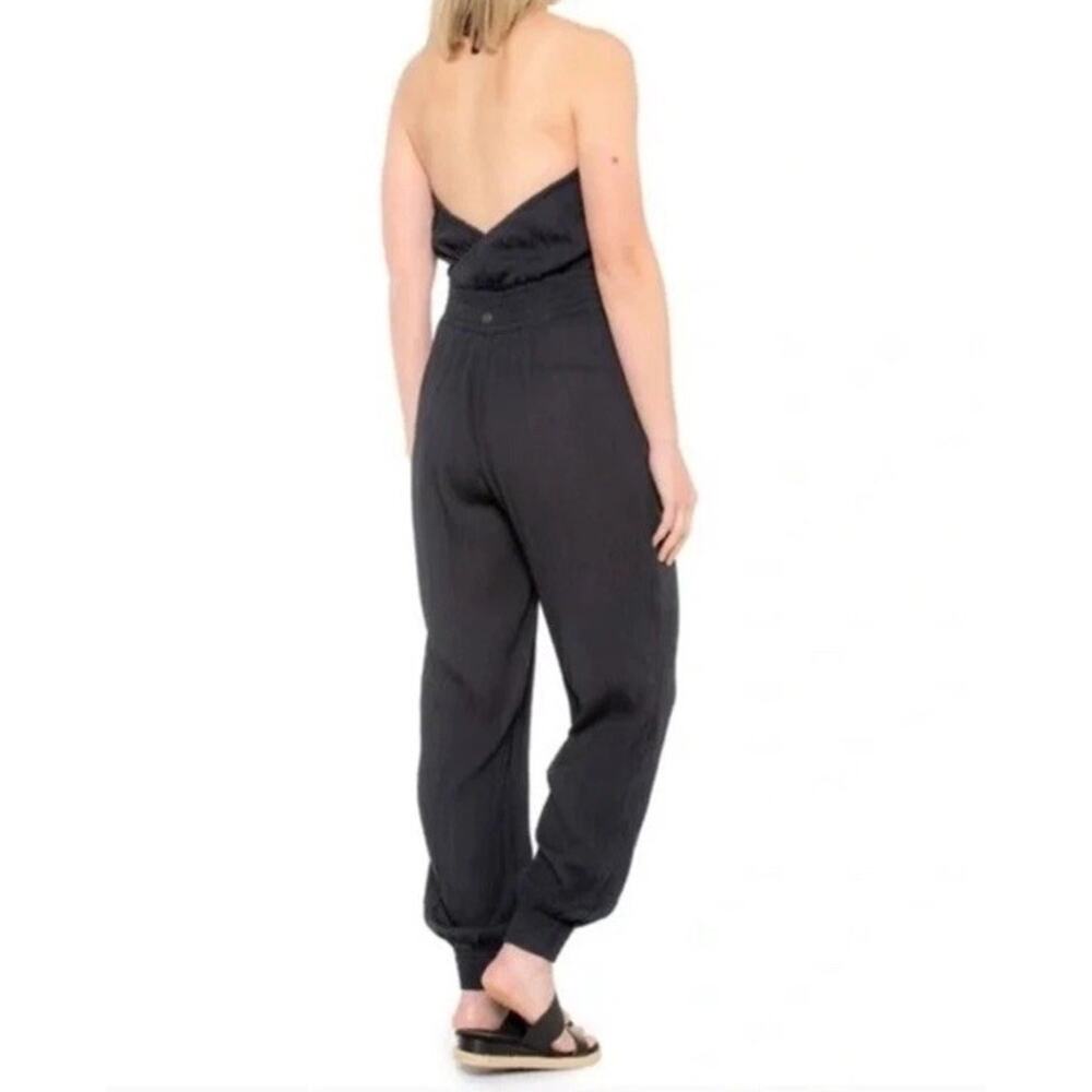 PrANa Fernie Halter Jumpsuit Black Tie Neck Wide Leg Size Large Pockets Smocked - Picture 2 of 9